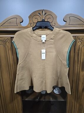 Maeve Camel Cropped Knit Top with Green Trim